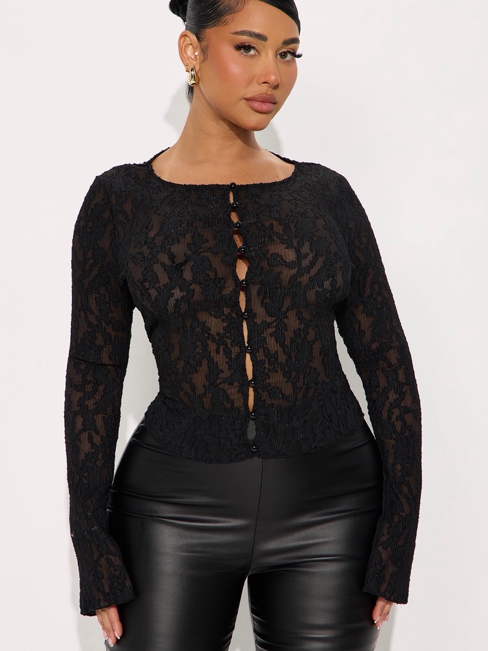 Fashion Nova Black Sheer Lace Button-Front Long Sleeve Top